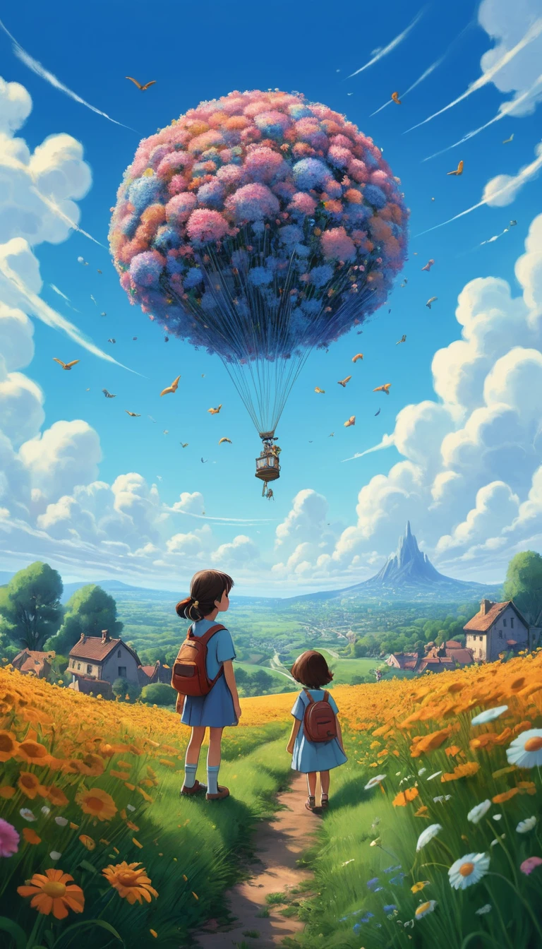 Grandmother and grandchildren in a wildflower field illustration