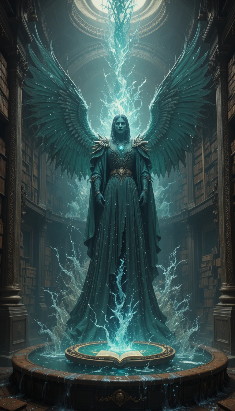 Majestic griffin on ancient books in dreamy fantasy light