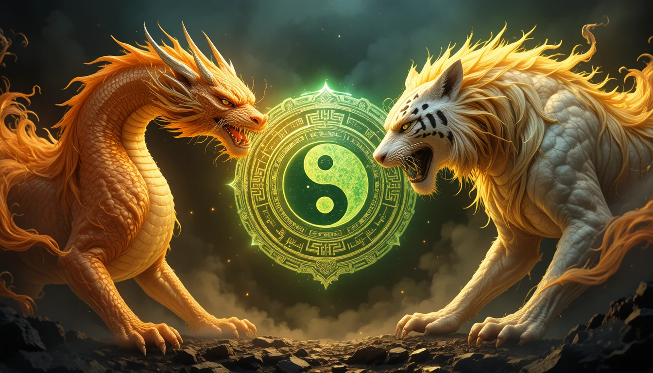Drago infuocato e tigre bianca che custodiscono un bagua verde luminoso