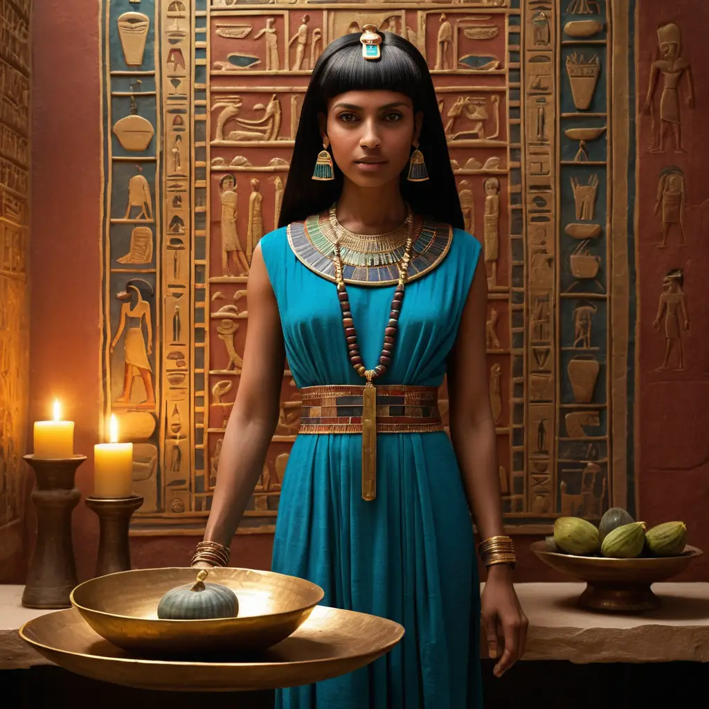 Egyptian priestess offering inside a glowing sacred chamber