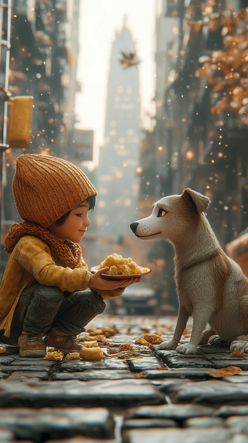 Child sharing food with stray dog on city street