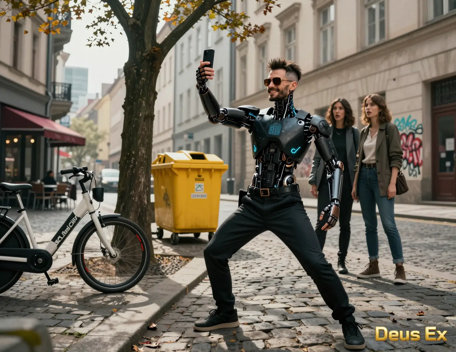Cybernetic man taking a selfie on a Prague street