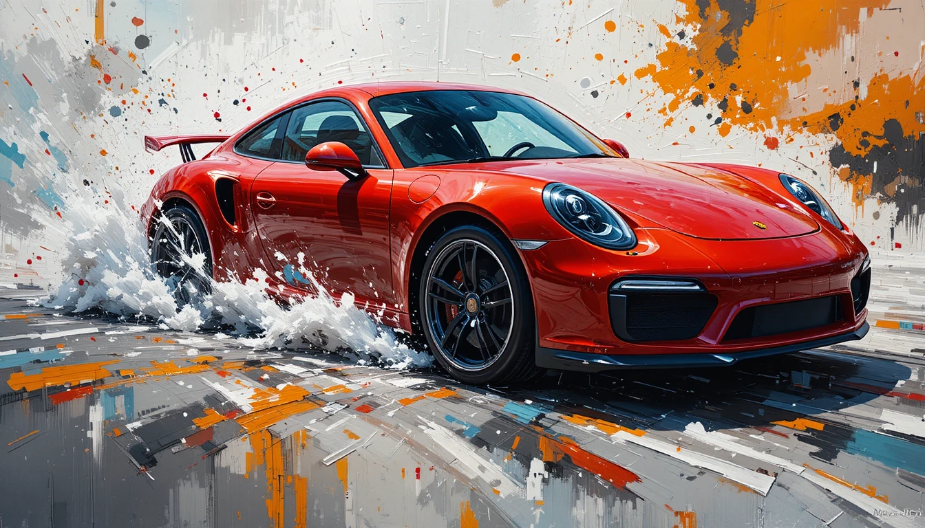 Expressionist red sports car bursting from abstract color splatters