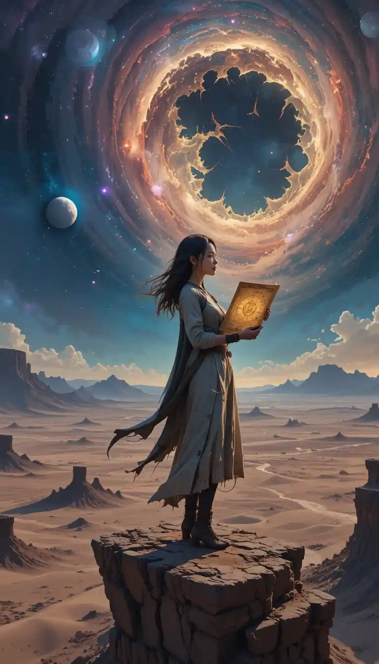 Korean girl explorer on cliff above glowing alien desert