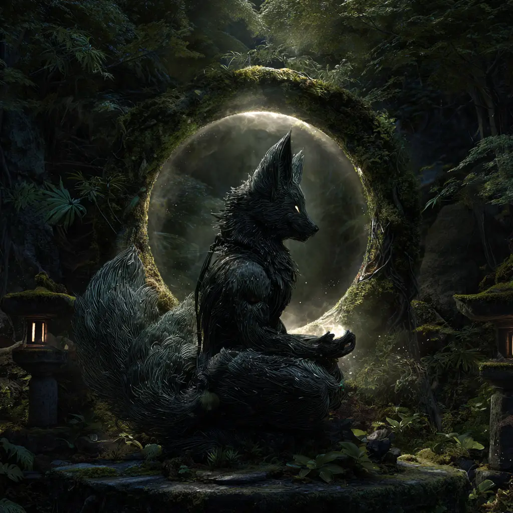 Mystical black kitsune spirit guarding a glowing forest shrine
