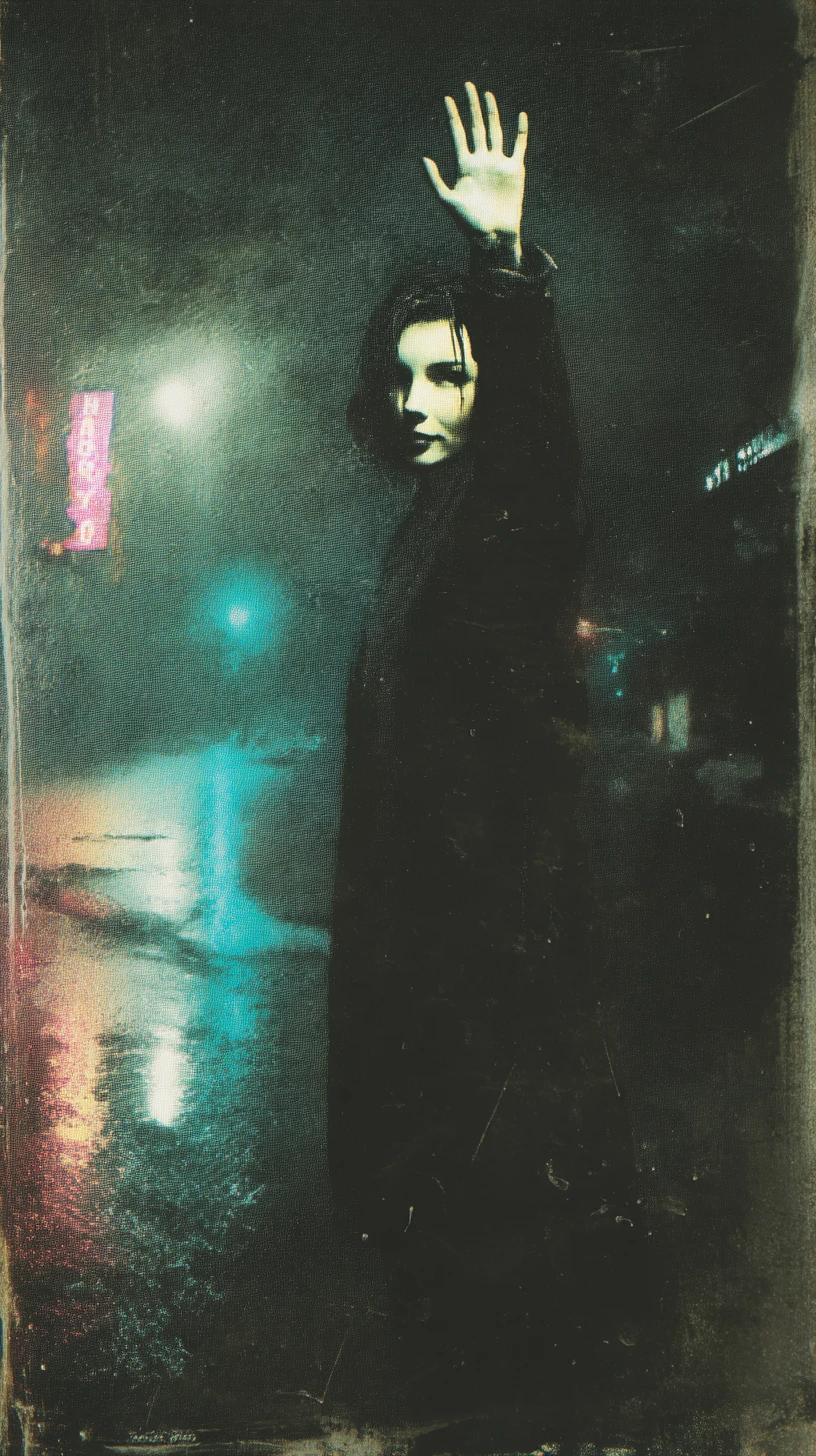 Woman waving on a rain soaked city street at night