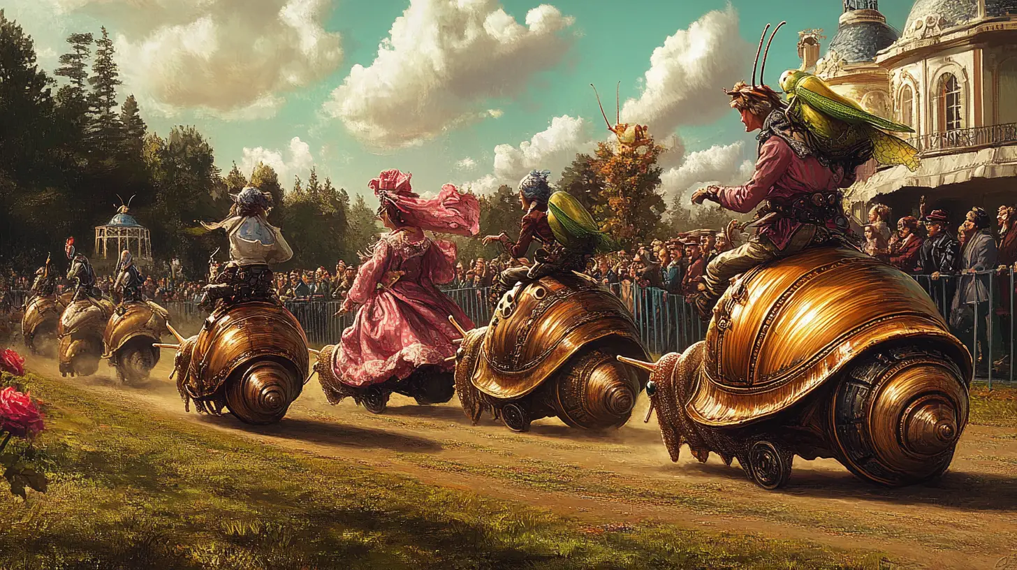 Steampunk-Schneckenrennen mit Grashüpfer-Reitern und jubelnder Menge