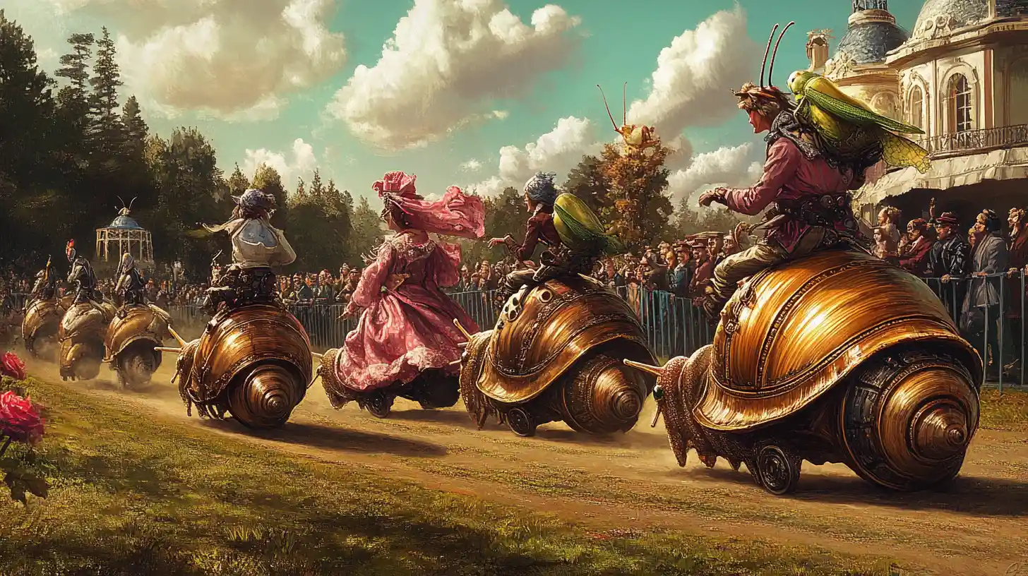 Carrera Steampunk de Caracoles con Jinetes Saltamontes y Multitud Eufórica