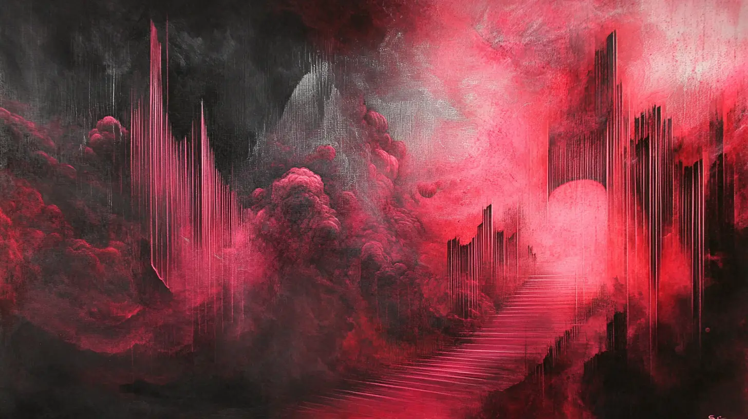 Surreal abstract landscape in vivid red pink and silver tones