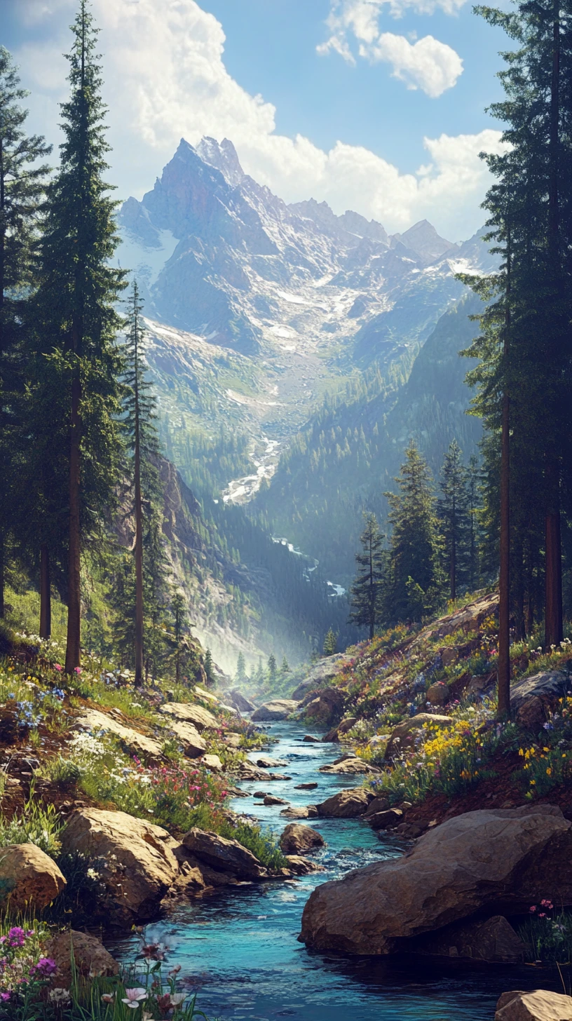 Schillernde Glasberglandschaft mit gewundenem Fluss