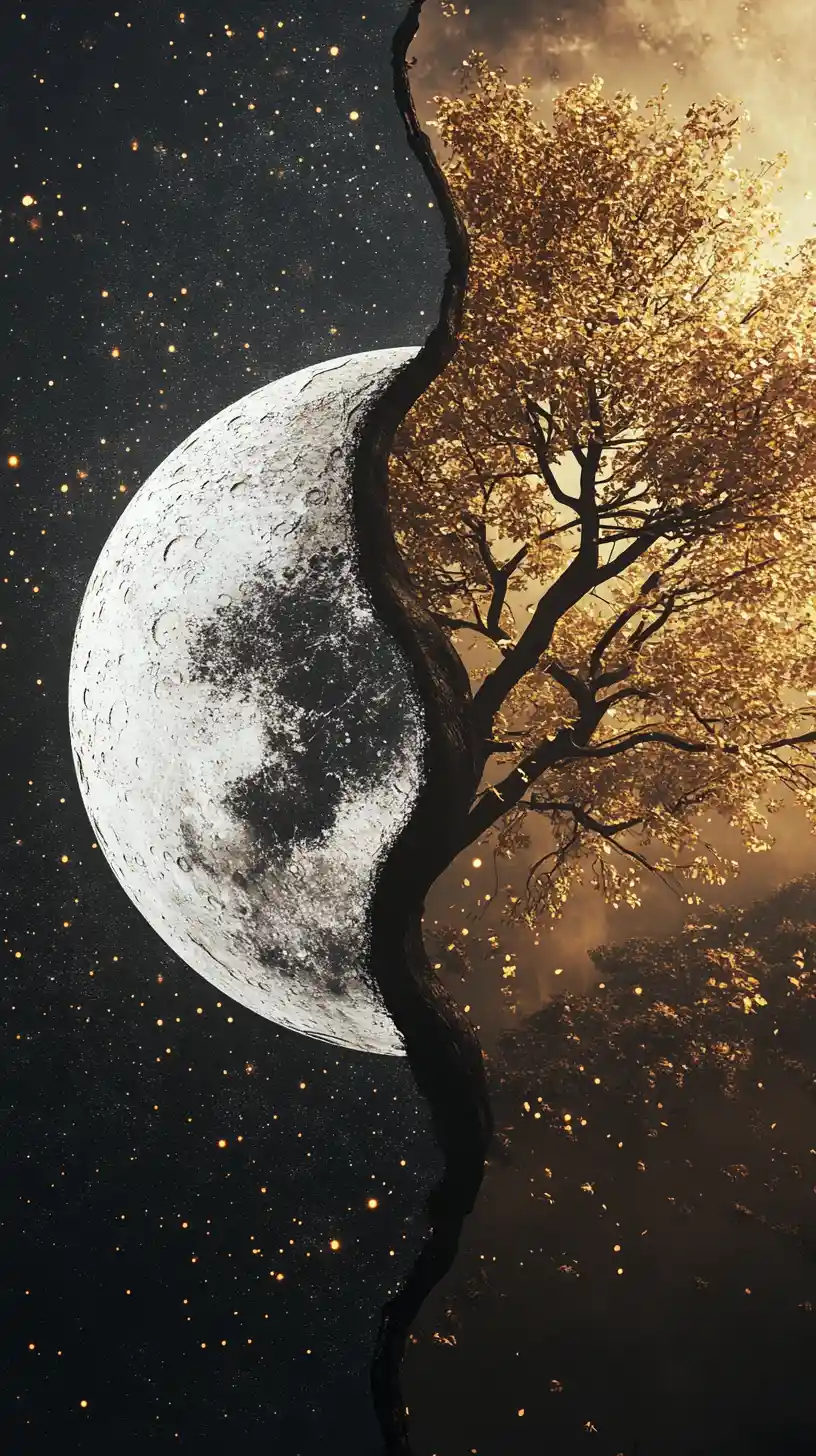 Yin et yang à fort contraste avec particules lumineuses et arbres en miroir
