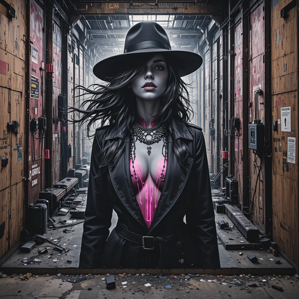 Mural atompunk de mulher em siderúrgica no estilo Banksy