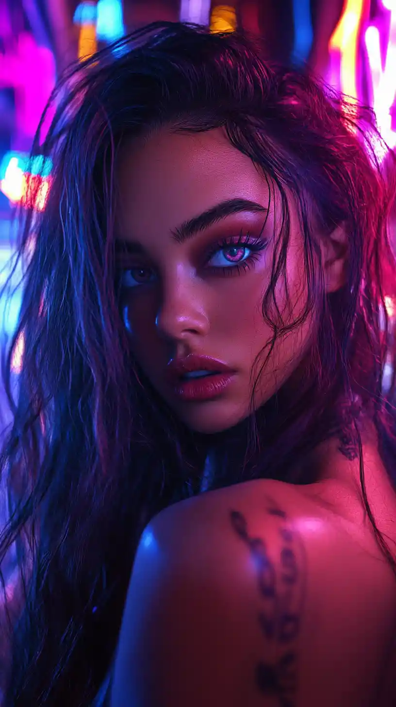 Donna glamour dai capelli lunghi con sorriso sinistro e sguardo intenso