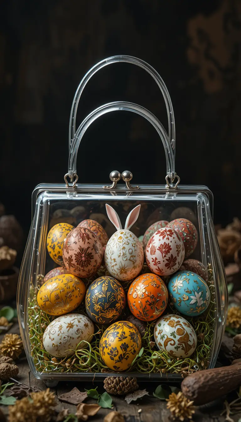 Borsetta trasparente piena di uova di Pasqua araucane decorate