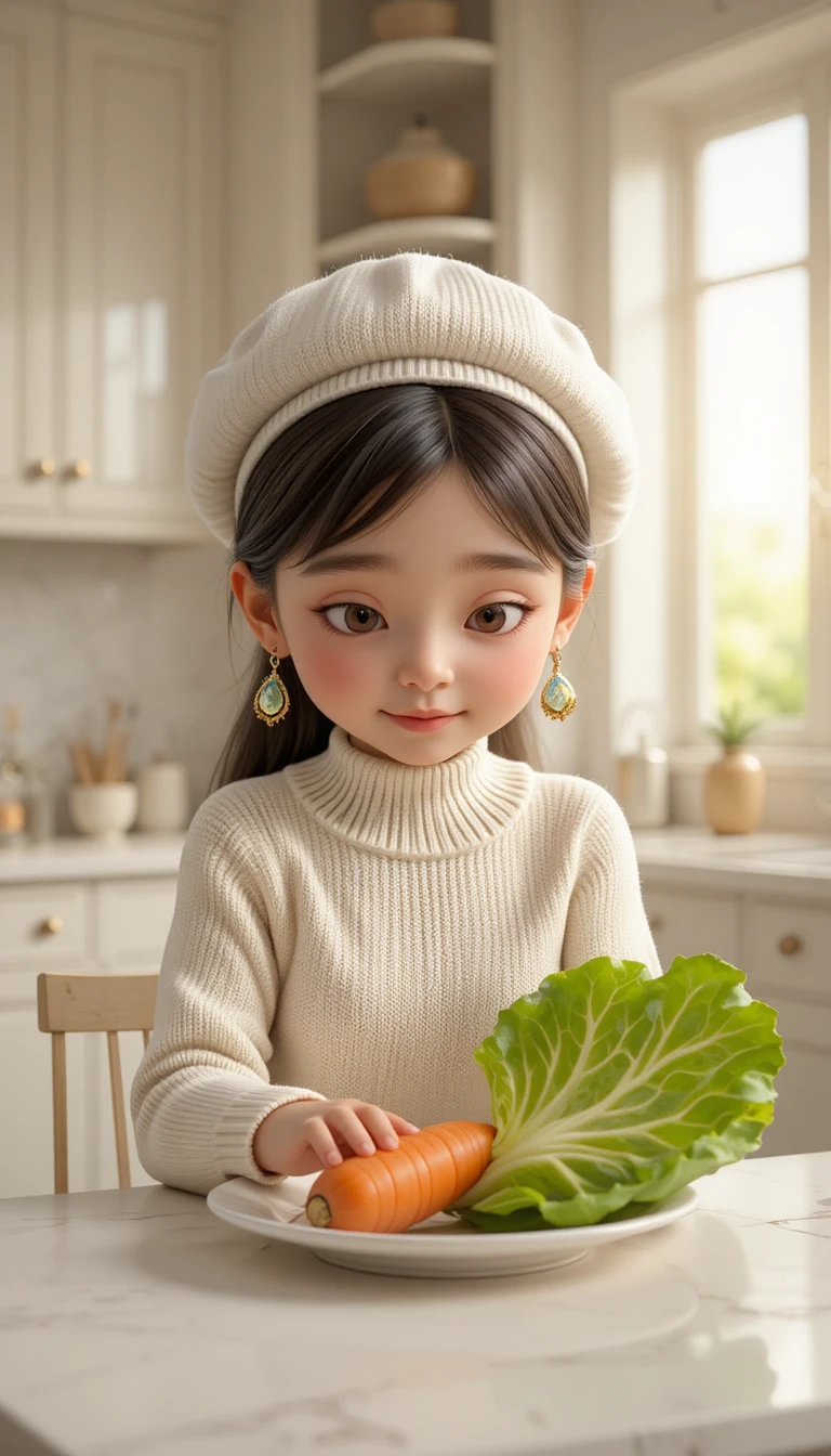 Cute cartoon girl in white beret in a bright kitchen
