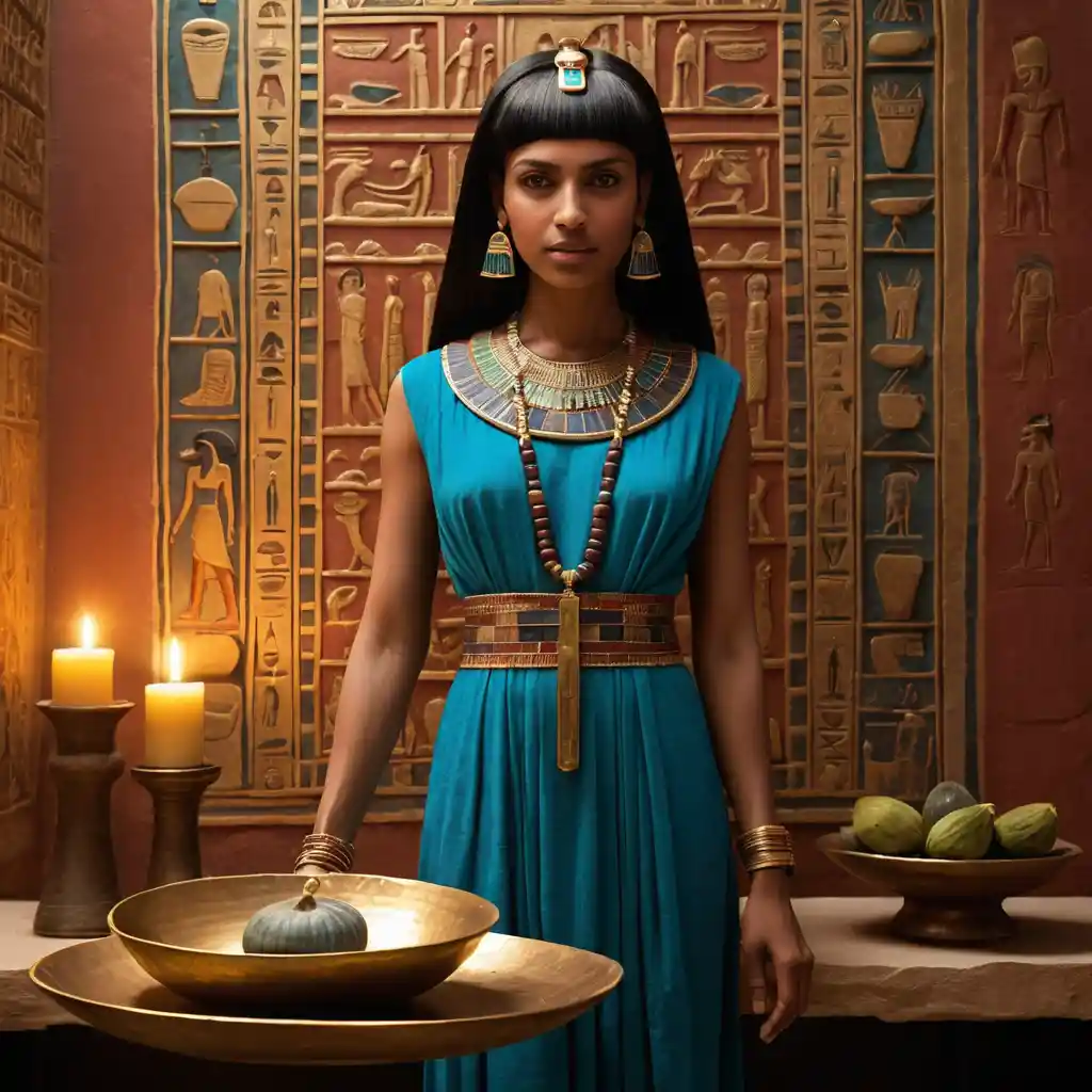 Egyptian priestess offering inside a glowing sacred chamber