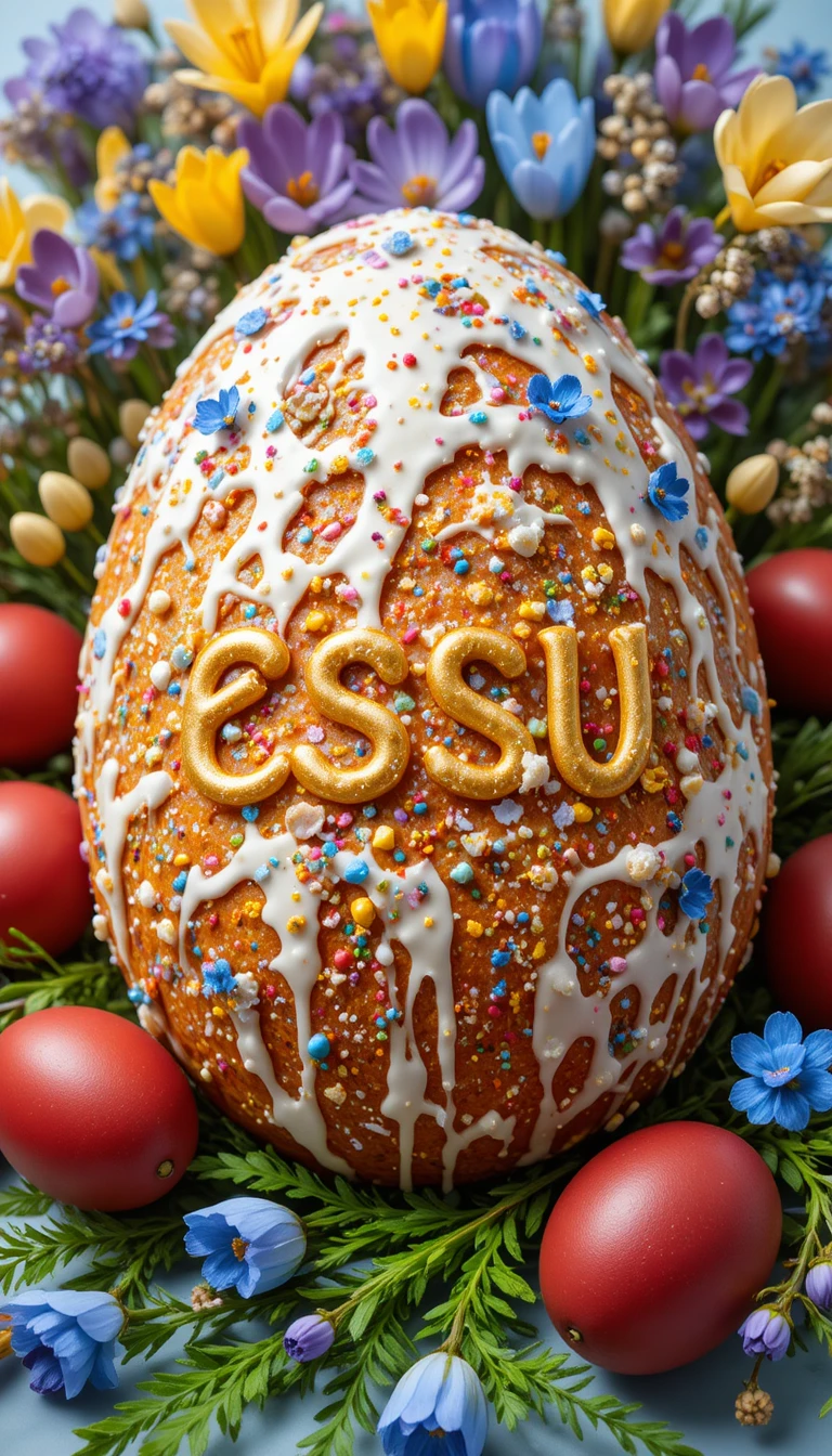 Easter bread with red eggs and spring crocus flowers