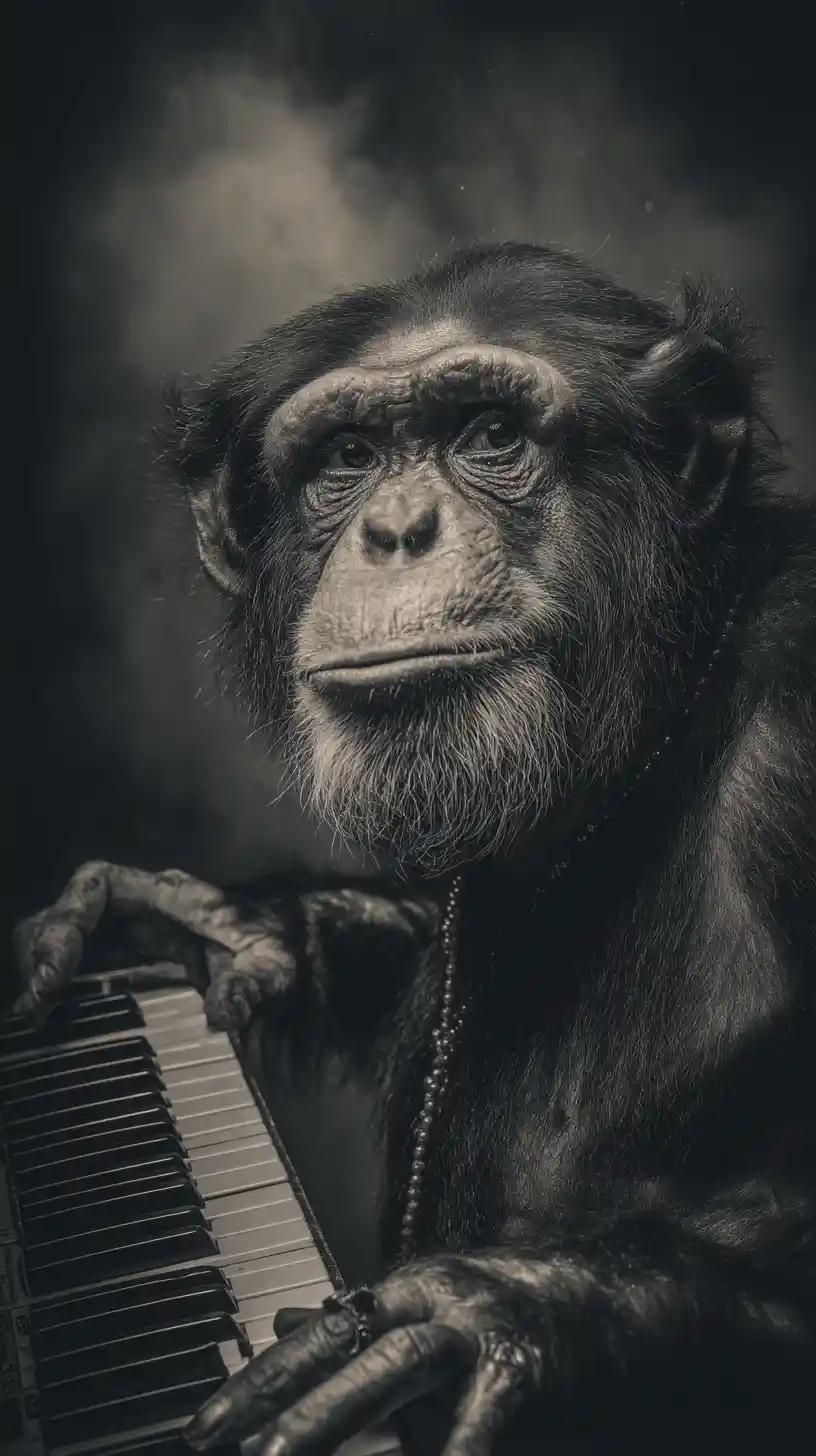 Cinematic chimpanzee keytar performance on a sunlit outdoor stage