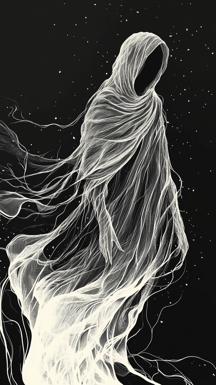 Figura incappucciata che levita nell’oscurità monocromatica luminosa
