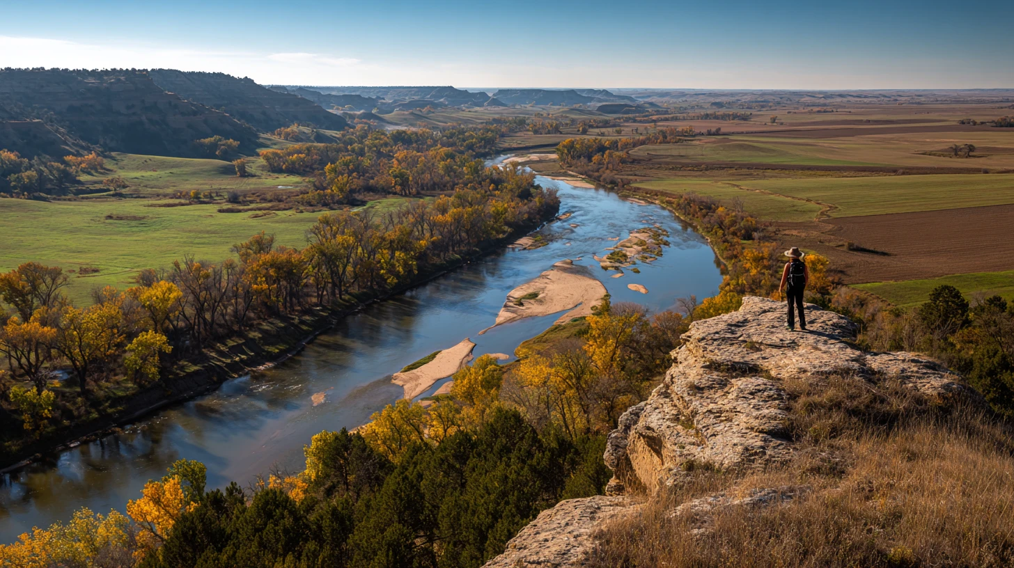 Frau auf einer Klippe mit Blick auf die Landschaft des Niobrara River