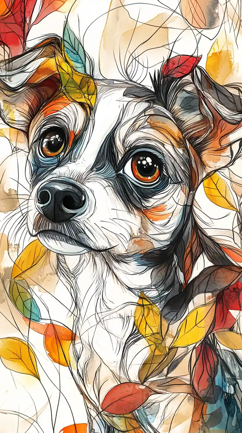 Whimsical ink and watercolor puppy with growing leaves