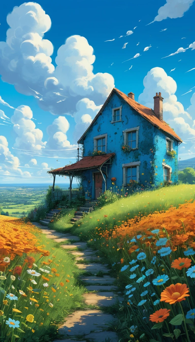 Colorati campi di fiori selvatici sotto un cielo azzurro limpido