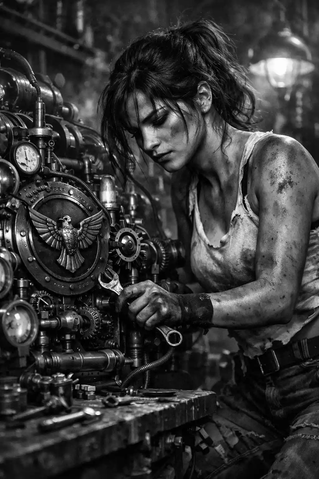 Meccanica determinata ripara una macchina steampunk in officina