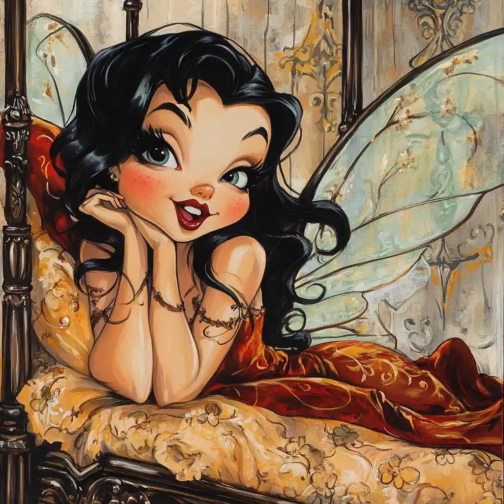 Whimsical fairy girl on a four poster bed illustration