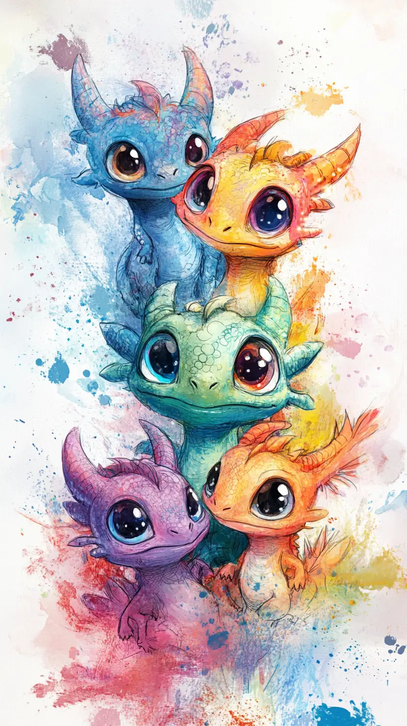 Cute baby dragons with big glossy eyes in watercolor ink