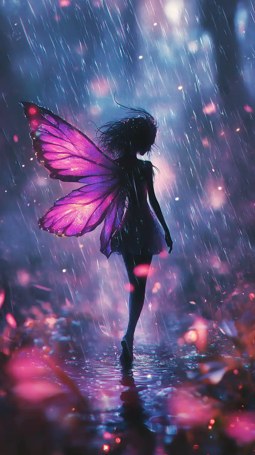 Charcoal fairy dancing in a misty monochrome fantasy garden