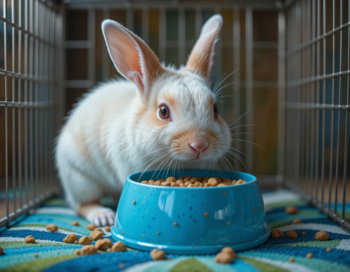 Cute domestic rabbit eating from a blue food bowl