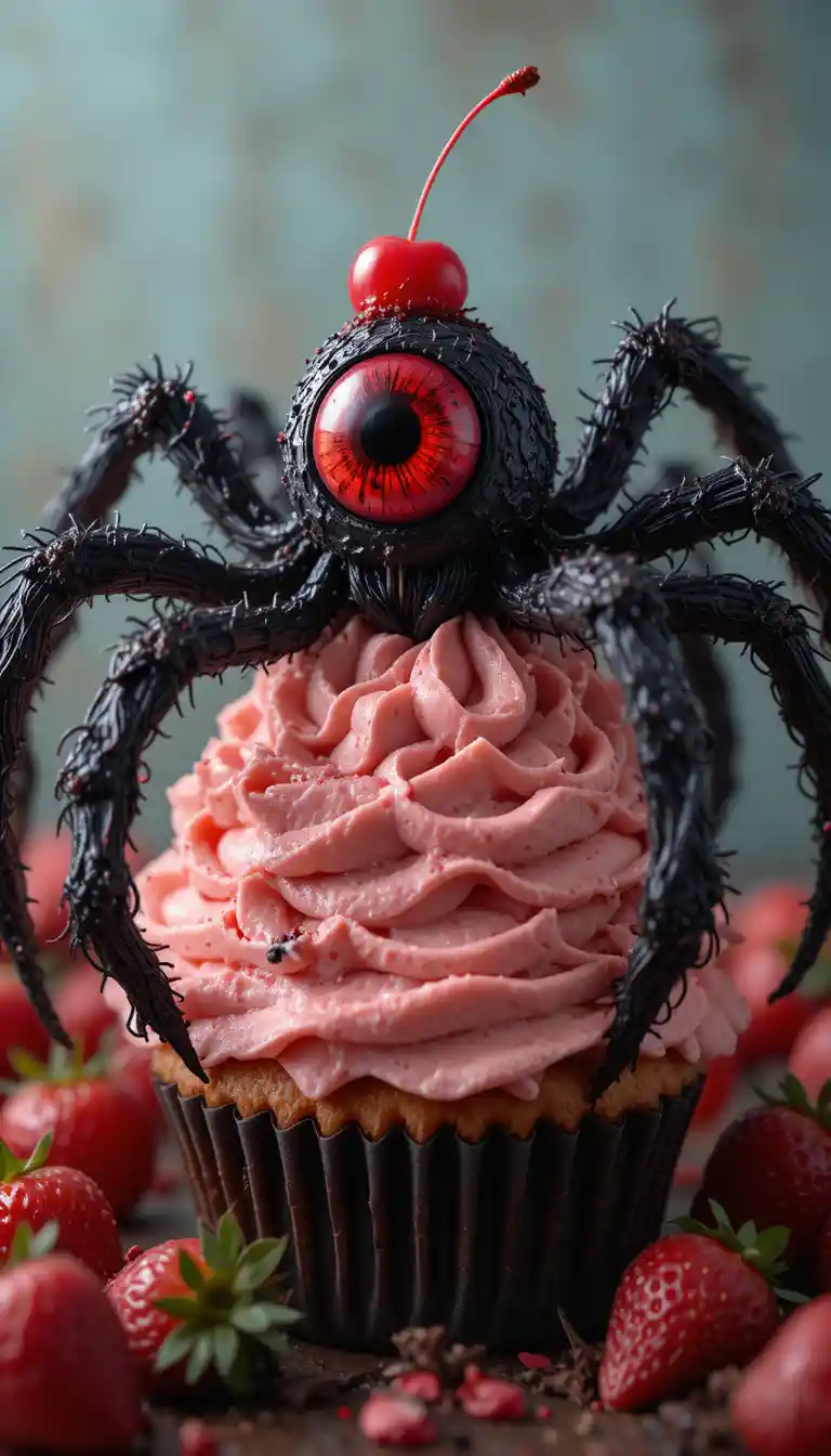 Giant monster cupcake with hairy legs and cherry red eye