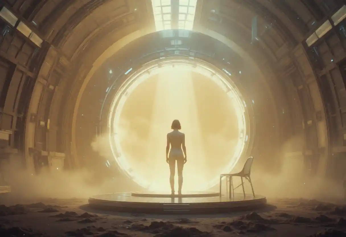 Lone figure standing inside a glowing retro futuristic ufo