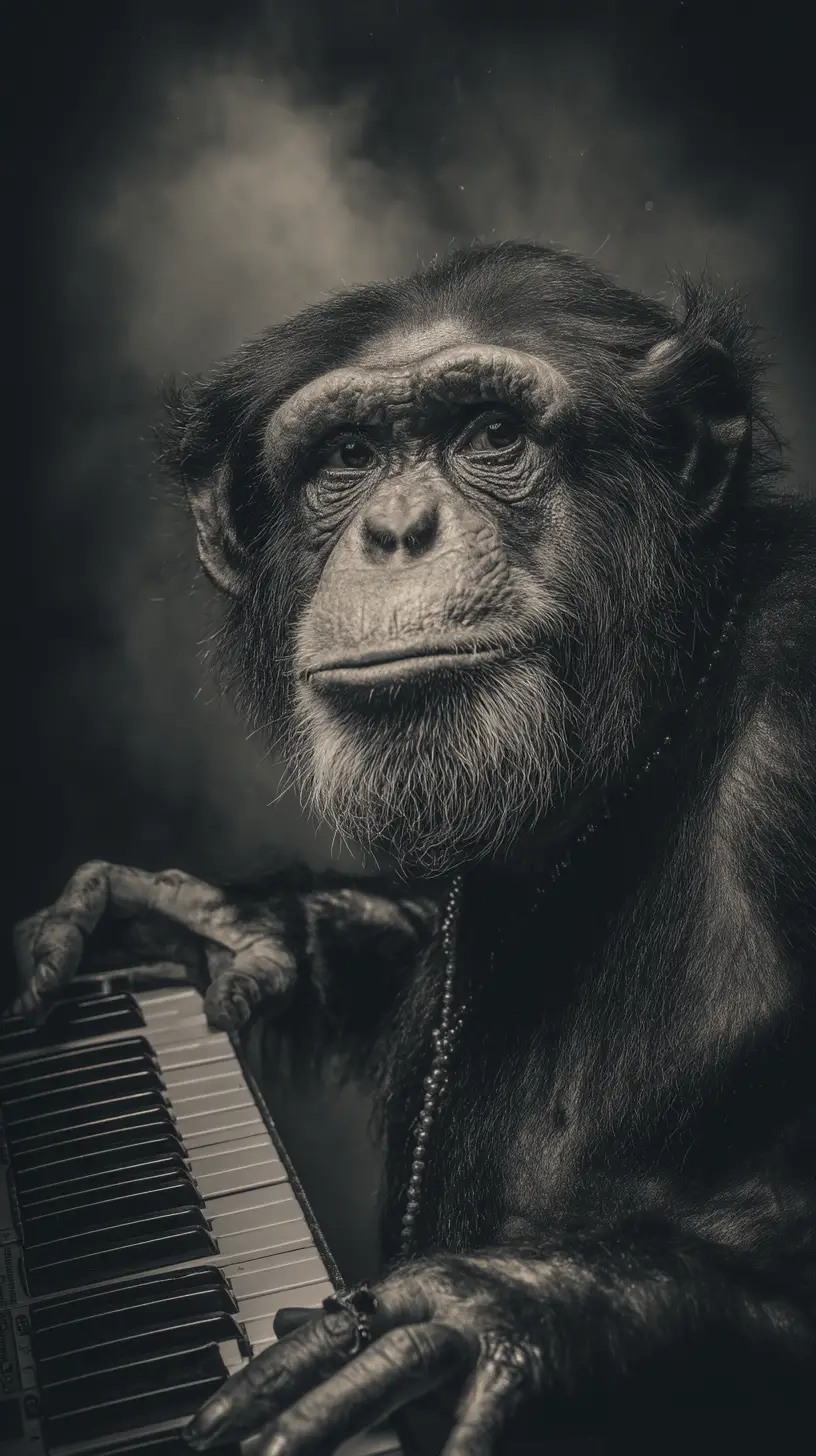 Cinematic chimpanzee keytar performance on a sunlit outdoor stage