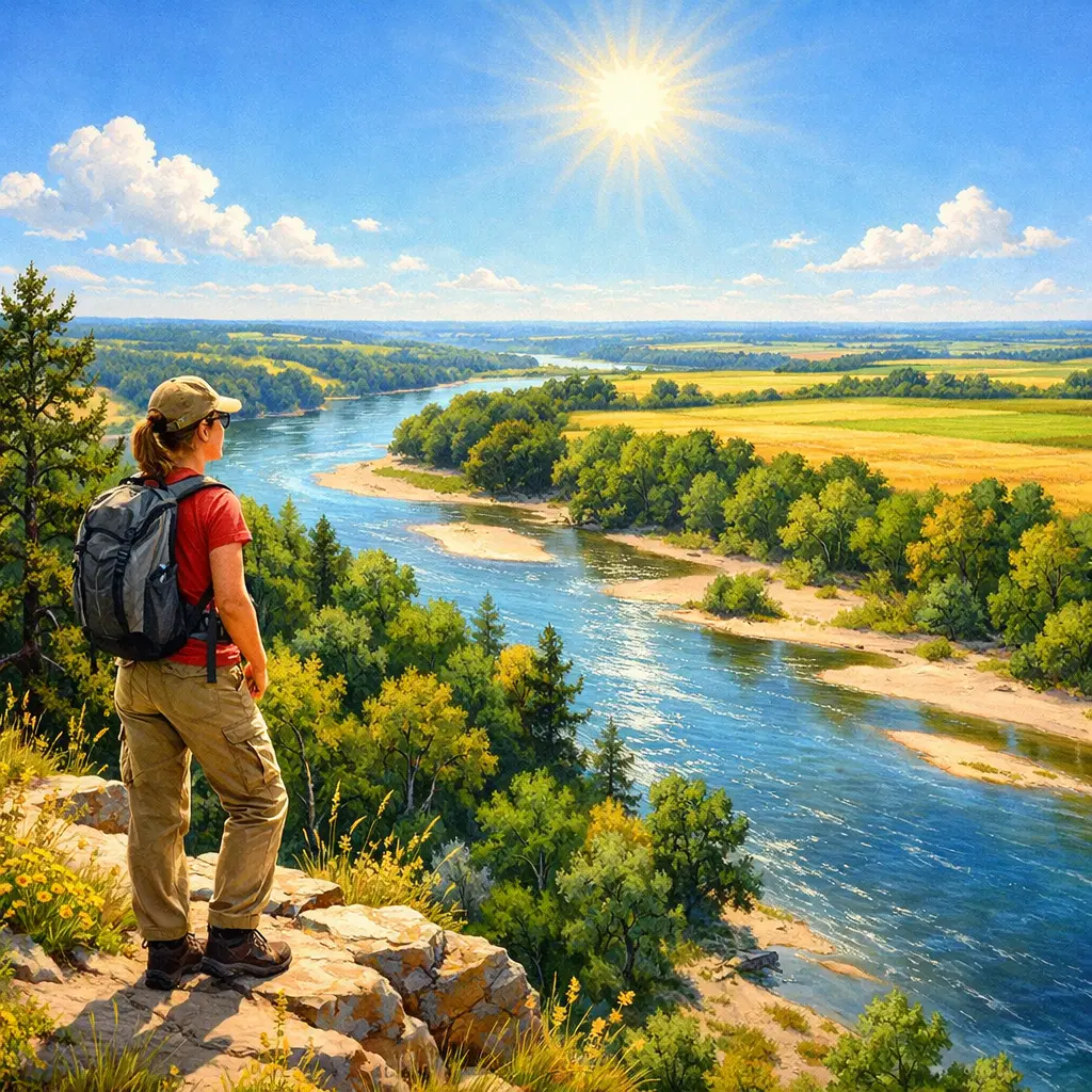 Woman hiker on bluff above bright midwest river valley