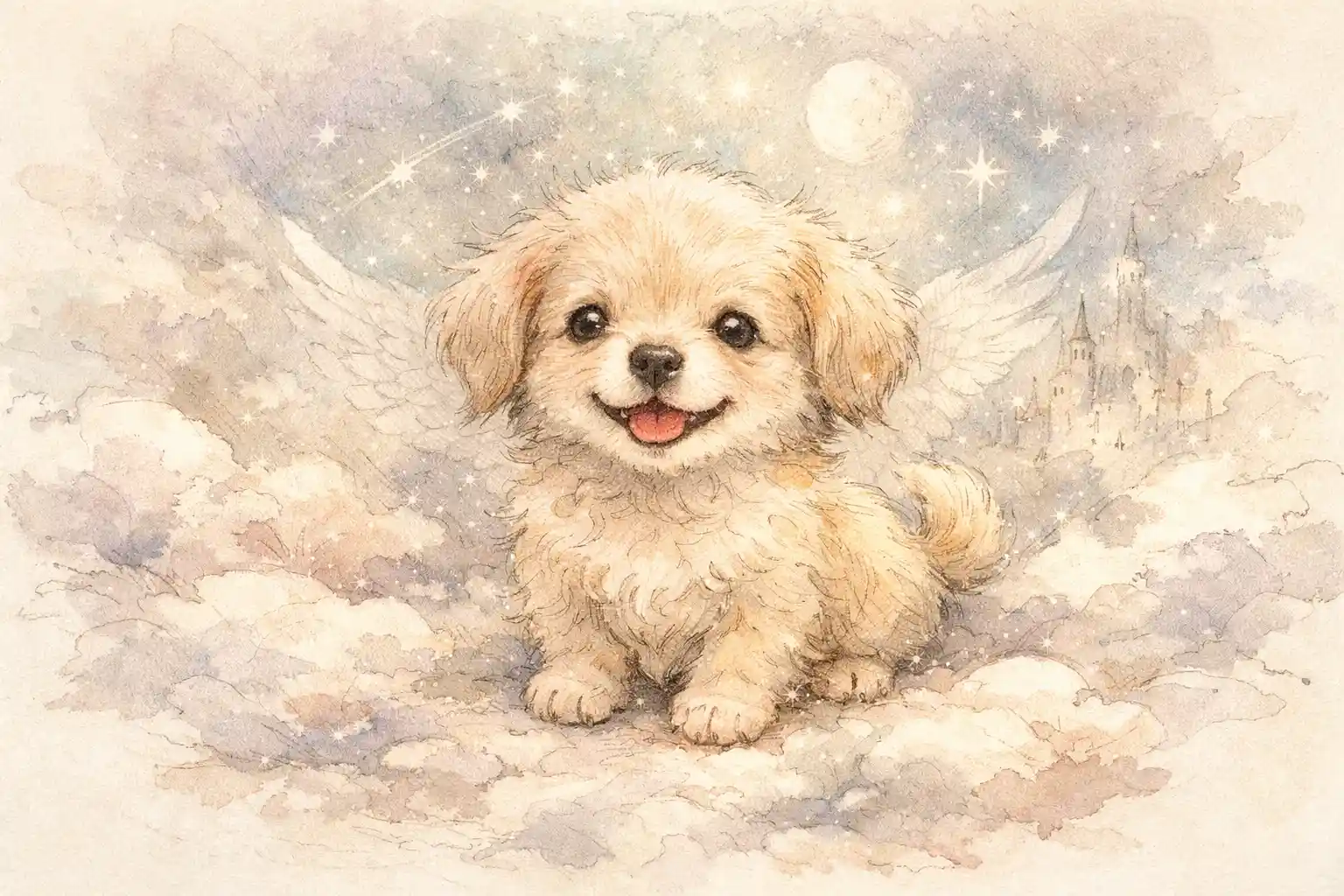 Delicate pen and wash illustration of a tiny smiling puppy