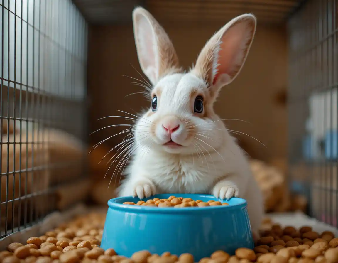 かわいいペットのウサギが青いエサ入れを持ち上げて抗議している様子