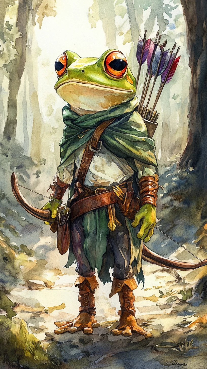 Heroic frog archer in a sunlit Sherwood forest clearing