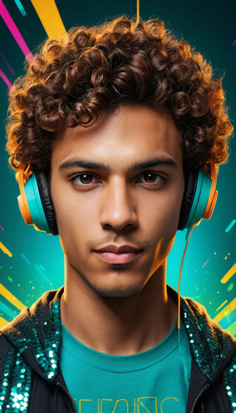 Latino man with turquoise headphones in neon abstract background
