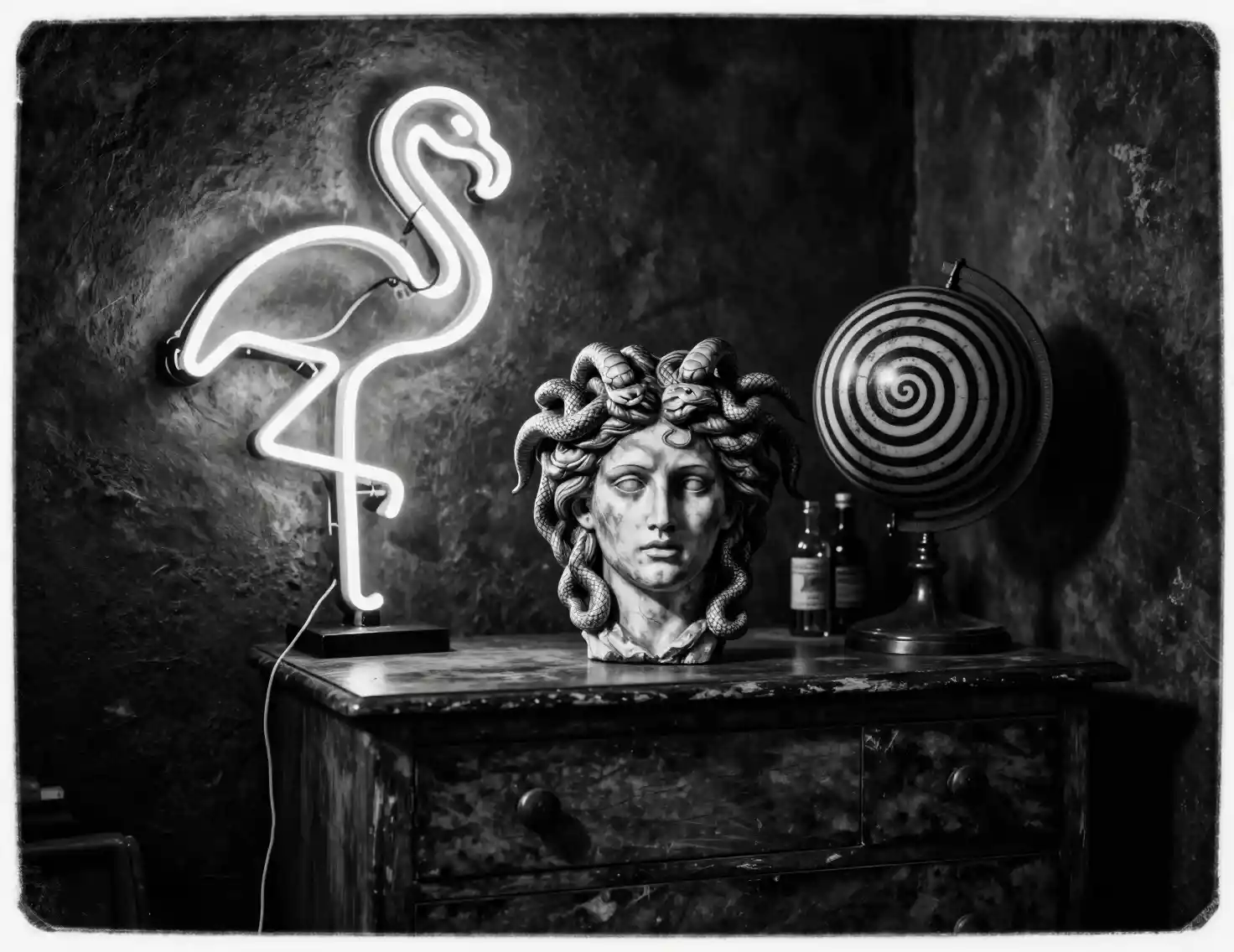Mystische Medusa-Skulptur unter neonpinkem Flamingo-Wandleuchter