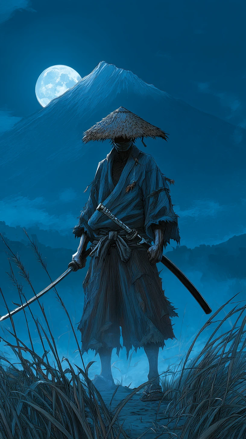 月光草原中的孤傲浪人與遠方山巔