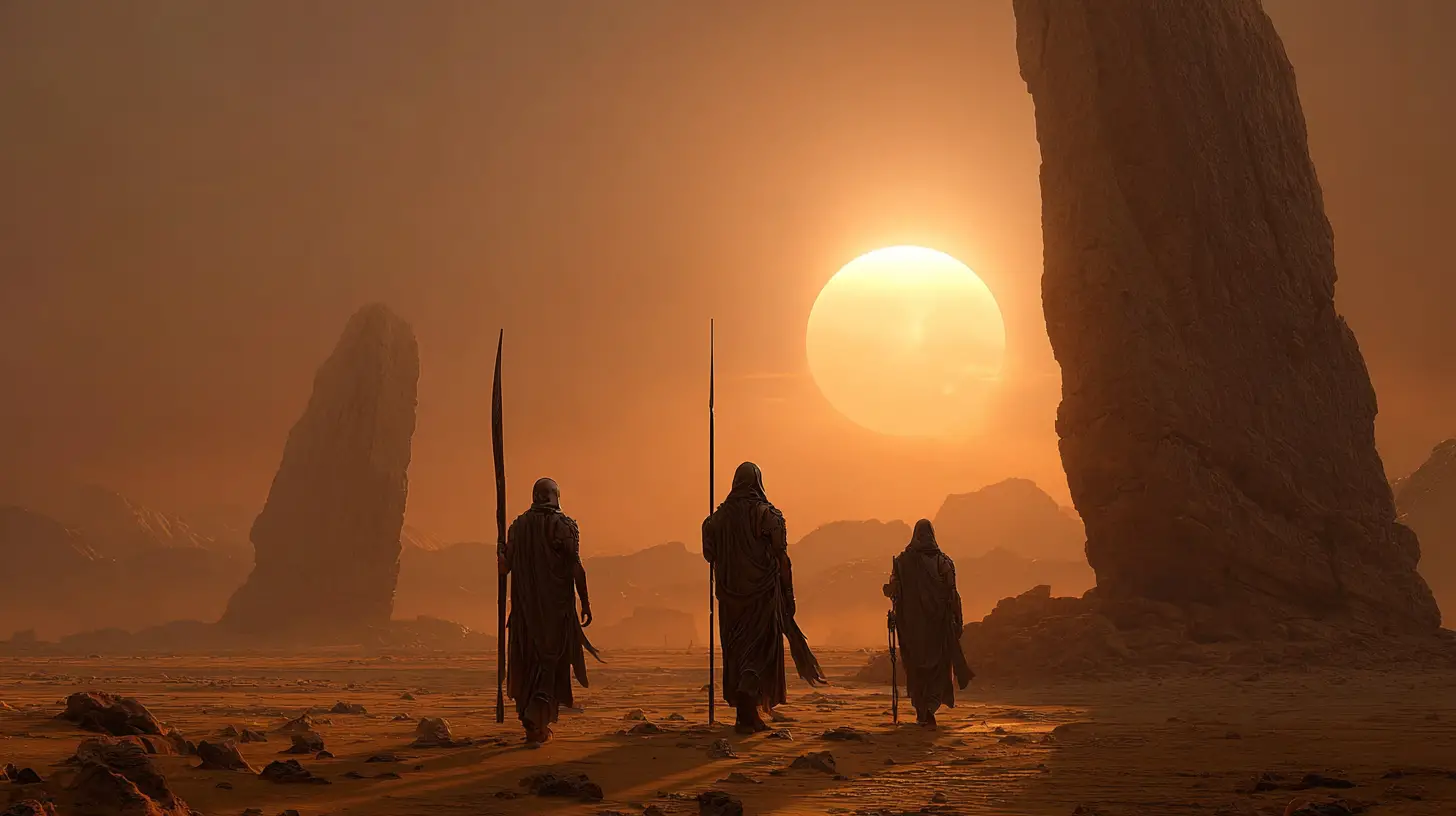 Tall alien priestess guards a vast twin sun desert