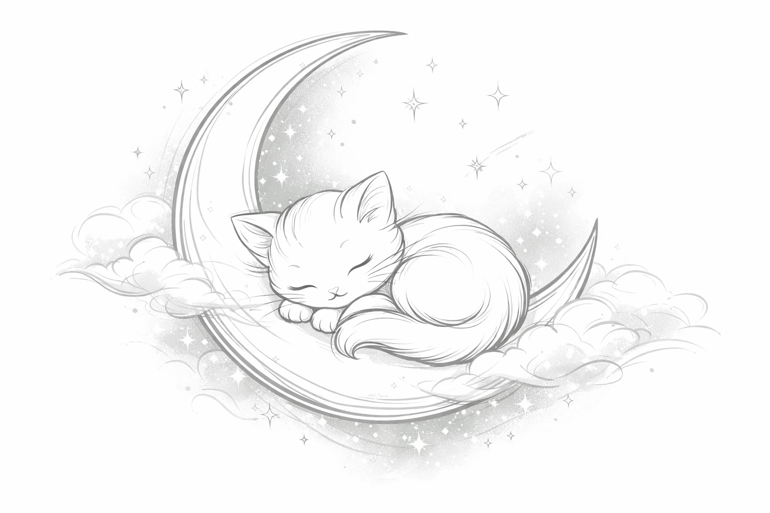 Gattino che dorme sulla luna crescente in line art minimalista