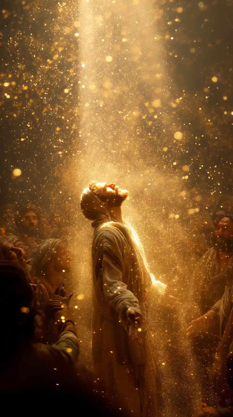 Divine metamorphosis radiating golden light over a gathered crowd
