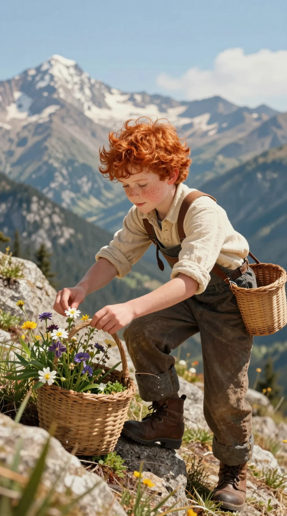 Freckled boy climbing a mountain with a flower basket