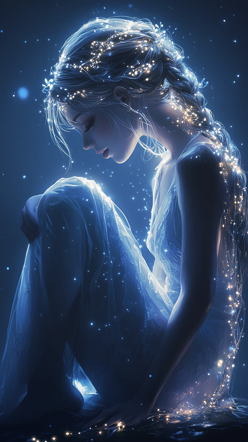 Contemplative anime girl glowing softly in a dark room