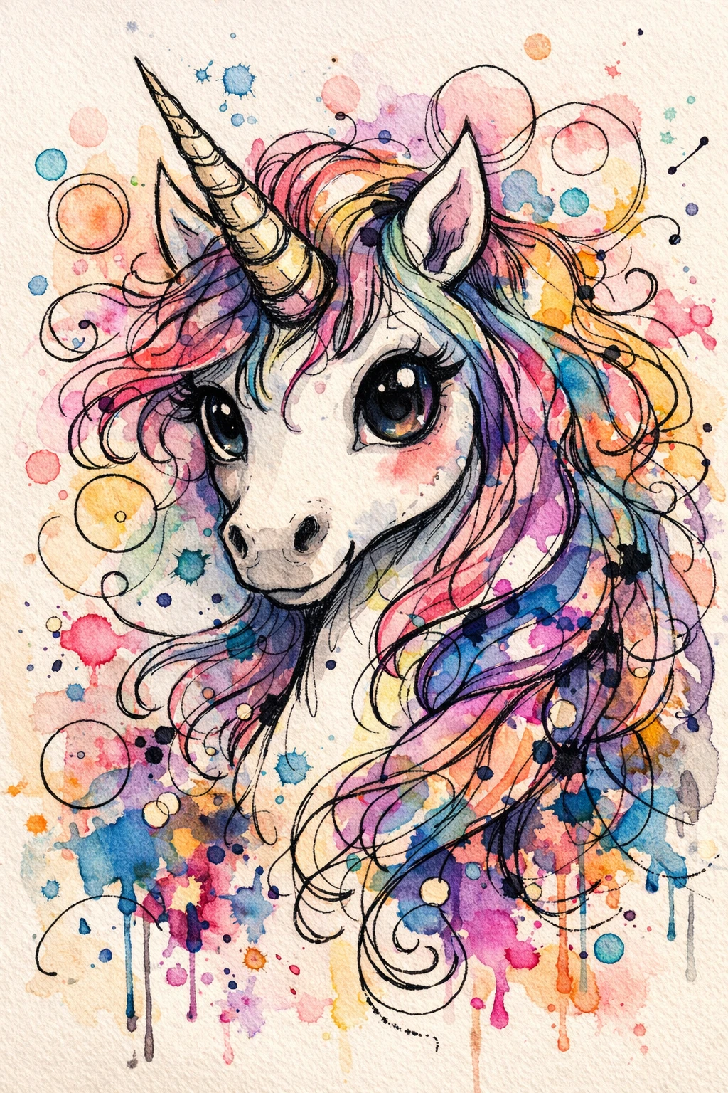 Dreamy unicorn portrait with colorful flowing ink mane