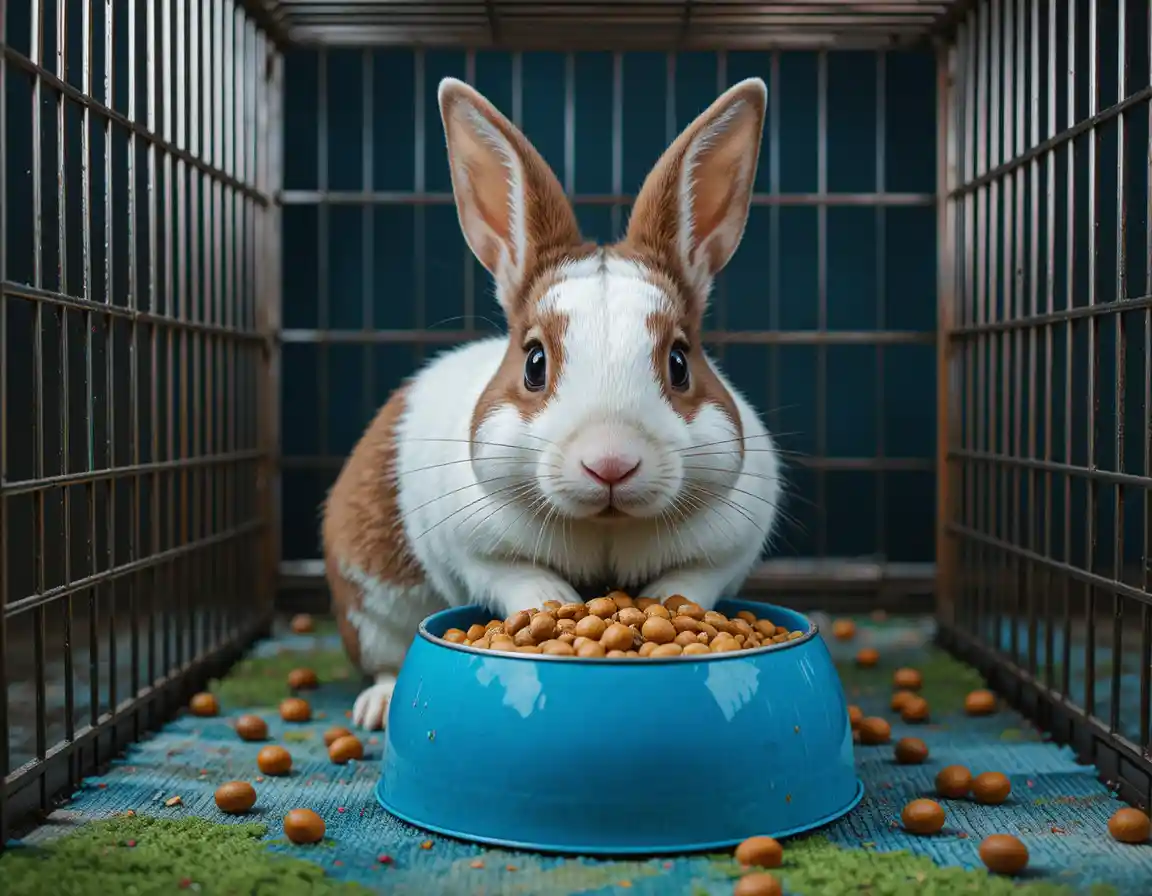 Cute domestic rabbit eating from a bright blue food bowl