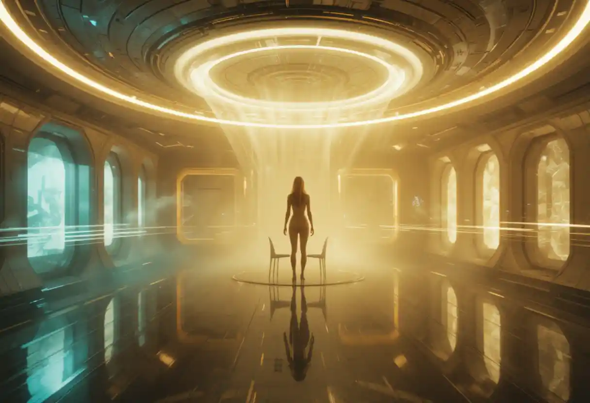 Futuristic room with a lone figure standing inside a ufo