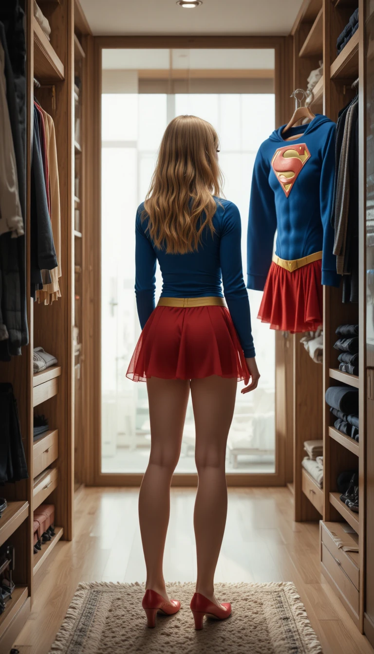 Young woman in closet beside hanging superhero outfit